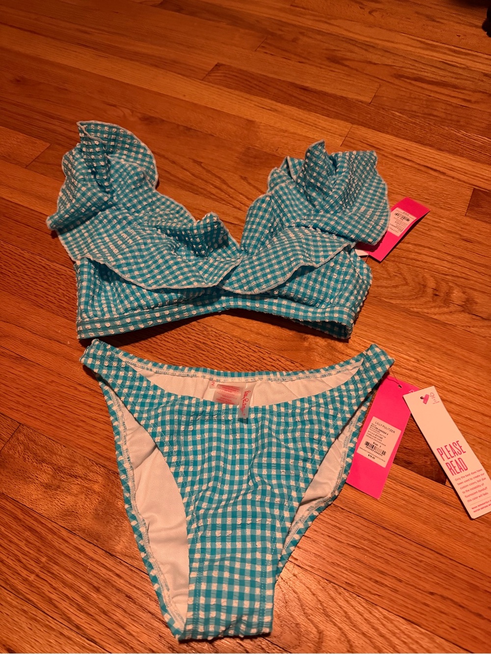 Lilly Pulitzer Crinkle Gingham Ruffle Swim Bikini Top and bottom